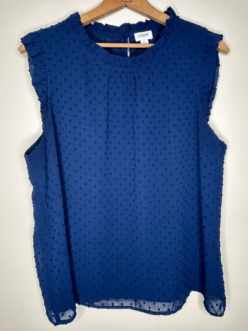 J Crew Factory Blue Sleeveless Swiss Dot Blouse Size L Ruffled High Neck